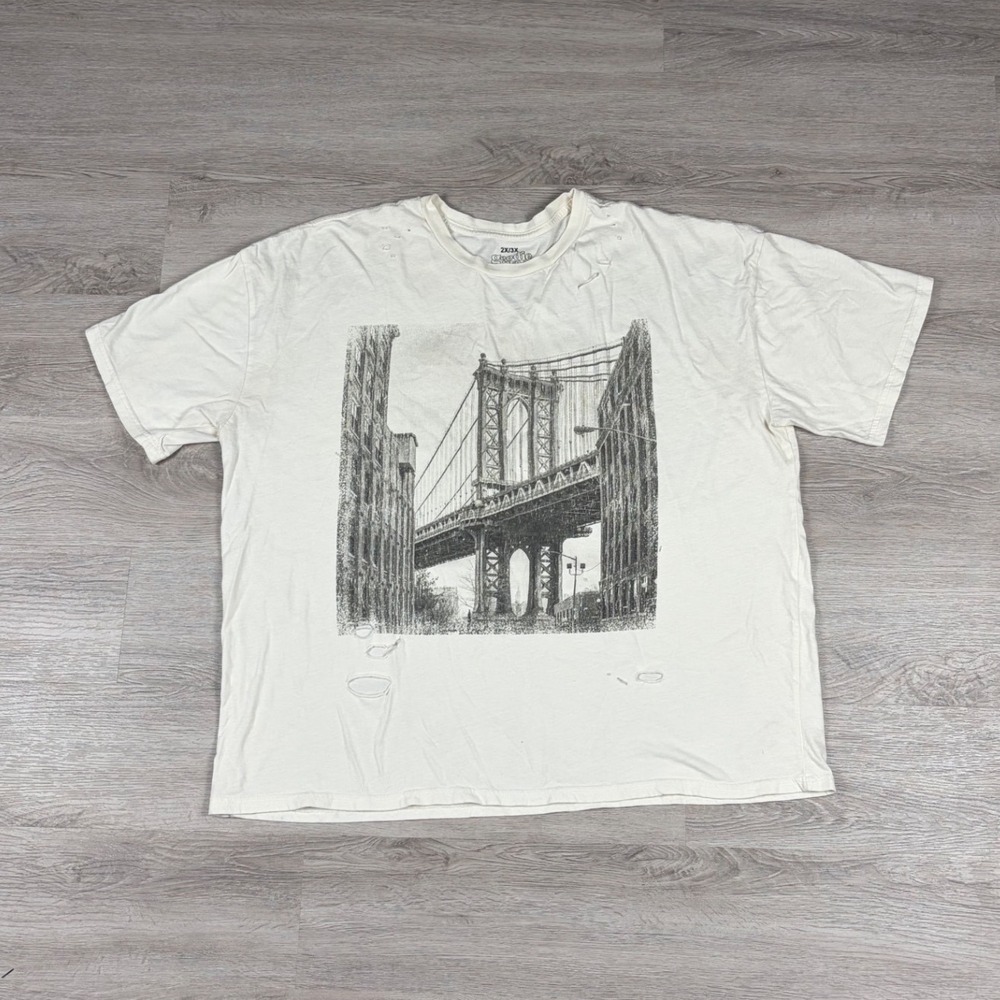 Goodie Two Sleeves Graphic Tee Men 2X/3X Cream Brooklyn Bridge Distressed Skater